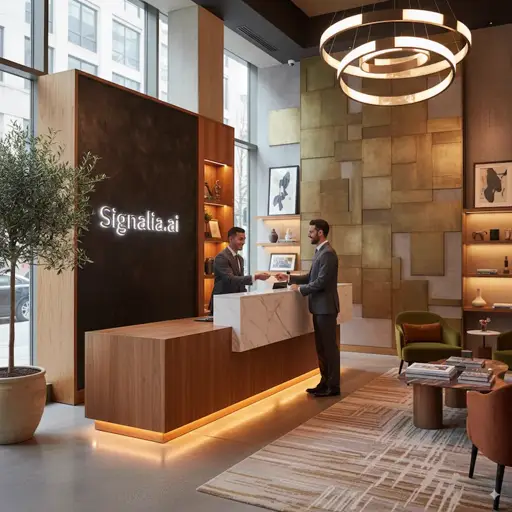 AI hotel reputation management analytics visualization in a modern hotel lobby